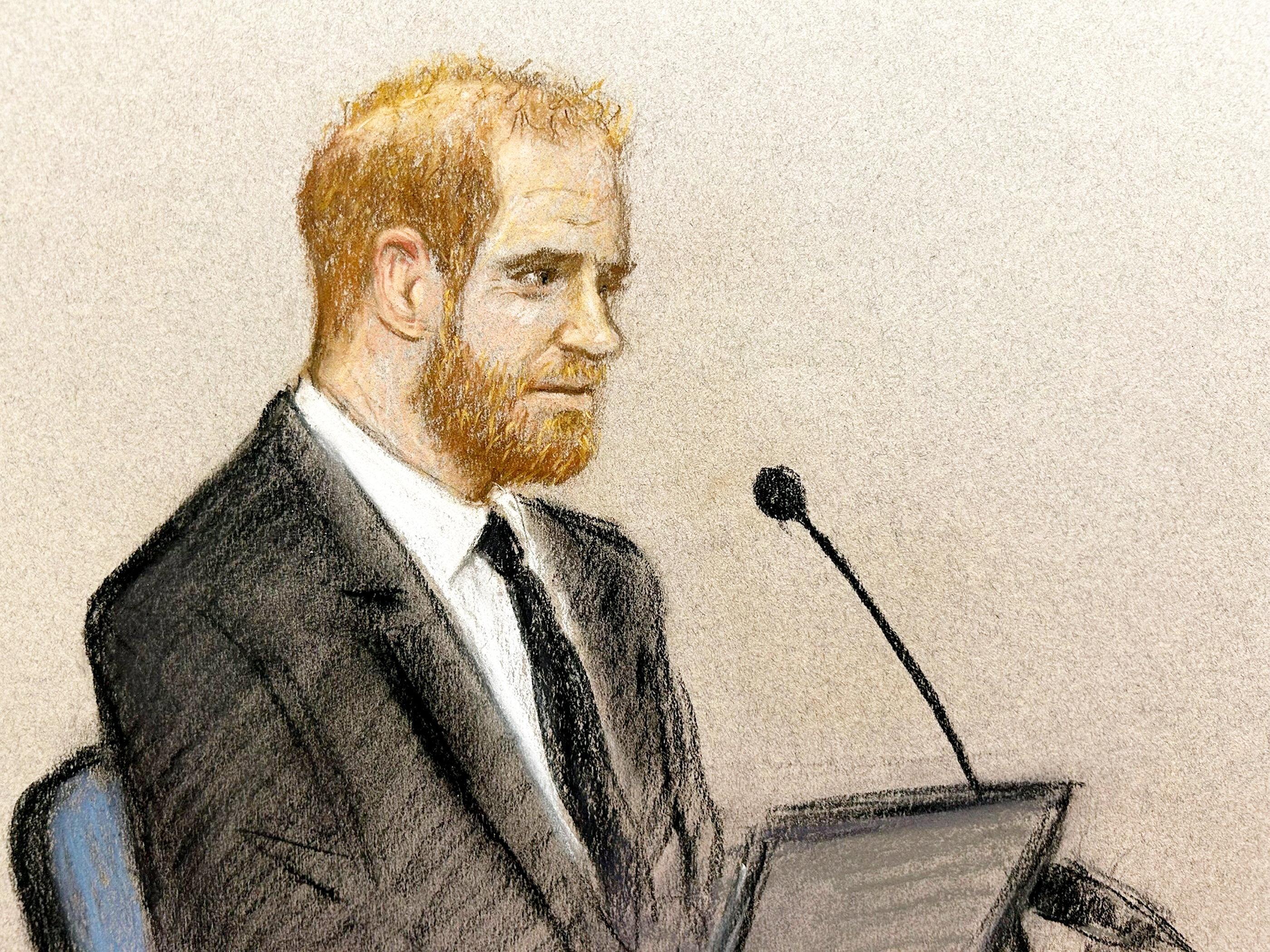 Illustration of Prince Harry in court, wearing a suit and tie, seated before a microphone.