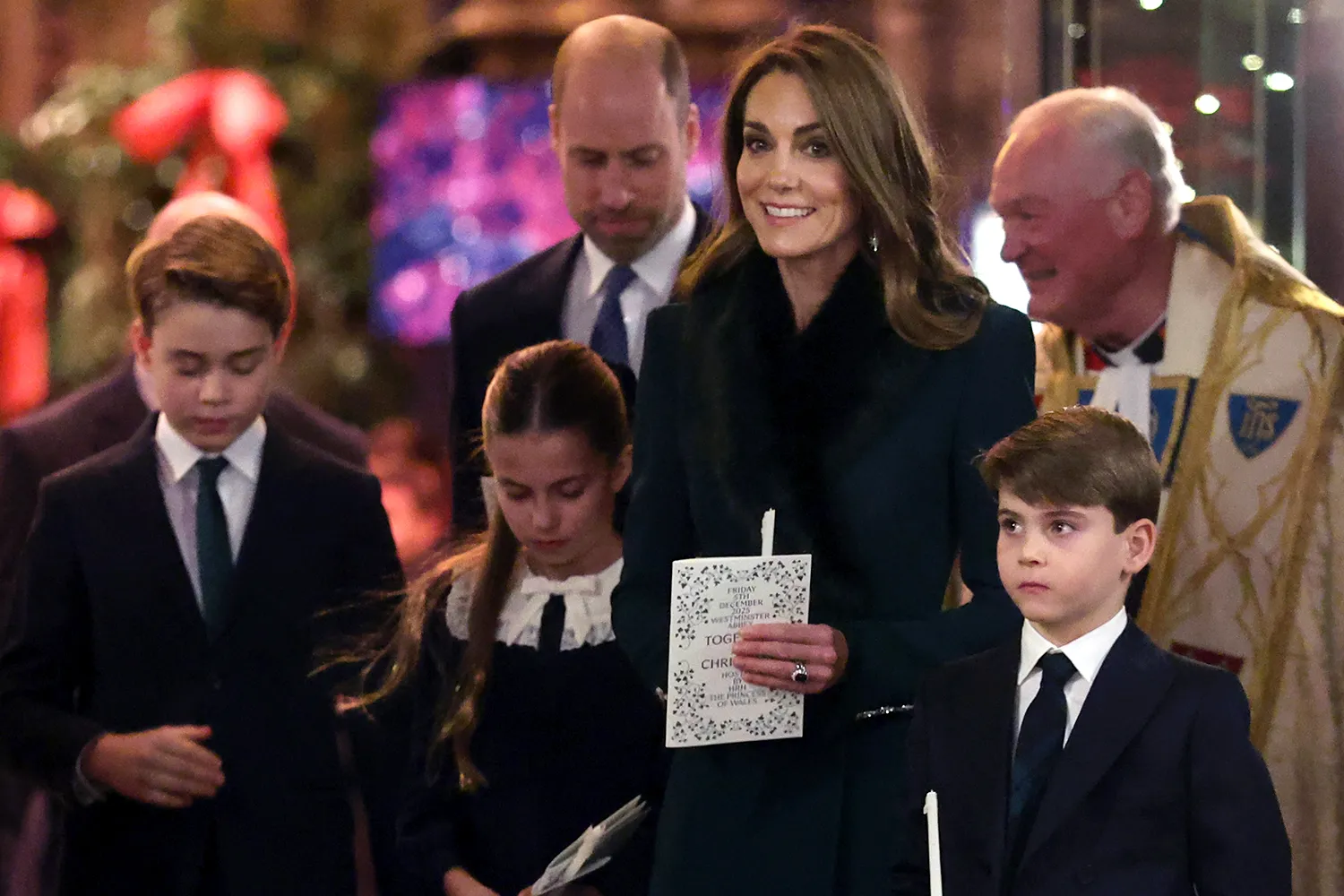 Prince George of Wales, Princess Charlotte of Wales, Prince William, Prince of Wales, Catherine, Princess of Wales and Prince Louis of Wales depart from the 'Together At Christmas' Carol Service