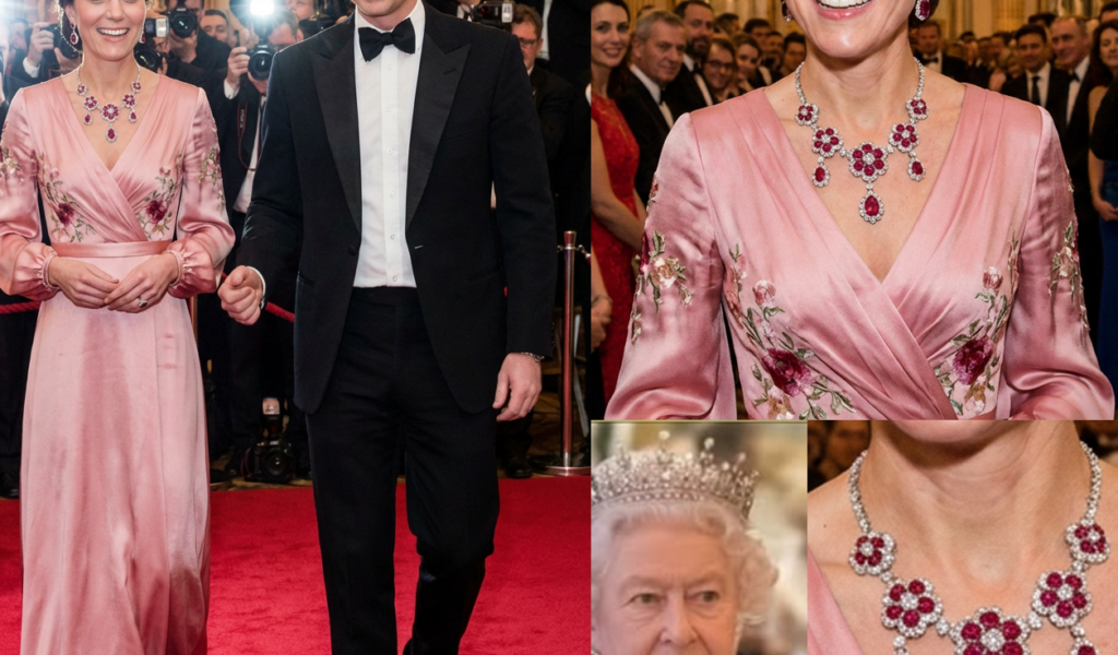 PRINCESS CATHERINE STUNS THE WORLD IN JAW-DROPPING PINK GOWN + LATE QUEEN’S EXCLUSIVE RUBY & DIAMOND FLORAL BANDEAU NECKLACE CAMILLA NEVER WORE! 😱👑 –