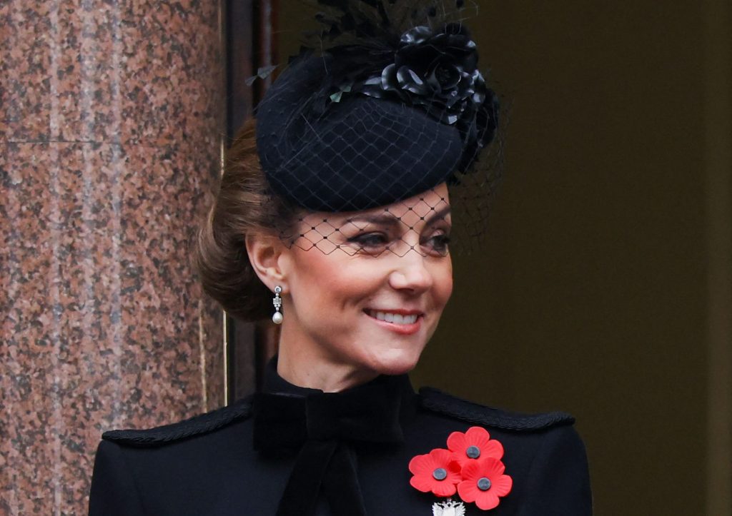 Princess Catherine of Wales in black hat observing the Service of Remembrance at The Cenotaph in London, England, on her return to public-facing duties after cancer treatment.