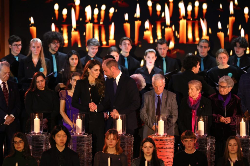 Prince William and Catherine, Princess of Wales, lighting candles at a Holocaust Memorial Day ceremony in London, England in 2025