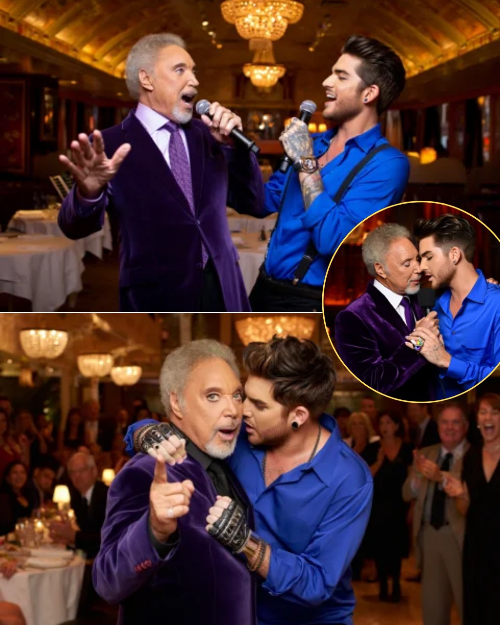 In an intimate, candlelit corner of a London restaurant, diners were left speechless when Adam Lambert and Sir Tom Jones unexpectedly broke into a spontaneous duet. The two music legends delivered a soul-stirring rendition of “Delilah” with powerful harmonies and playful chemistry that felt both effortless and electric.
