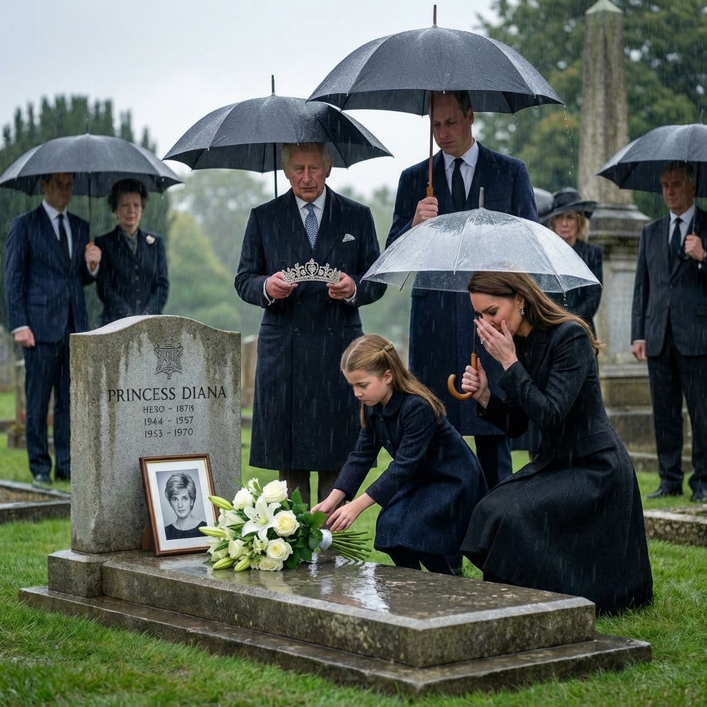 Tạo ảnh Hoàng tử William cầm dù che cho công nương Kate đang che mặt khóc. Hoàng tử Geogre cầm dù che cho công chúa Charlotte đặt vòng hoa lên mộ. Thay thế bà Camilla thành vua Charlet cầm vương miện. Thêm vài người cầm dù che đứng tưởng nhớ.