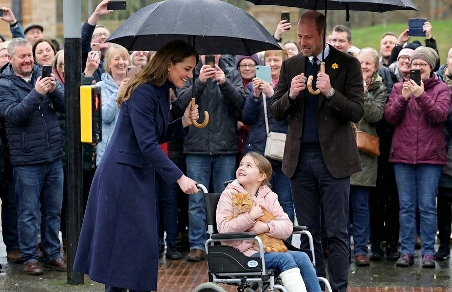 Watch the heart-stopping moment Catherine abandons her umbrella to transform into a human shield in the pouring rain!