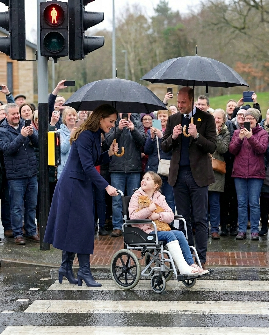 Tạo ảnh công nương Kate đang đẩy cô bé bị gảy chân ngồi trên xe lăn trong tay cô bé ôm 1 con mèo và 1 tay công nương đang cầm dù che. Màu trang phục của công nương Kate được thay đổi màu khác. 