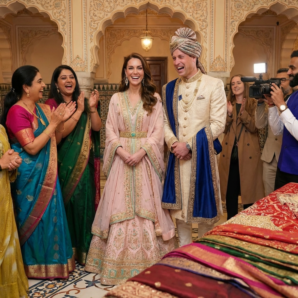 Tạo ảnh thêm hoàng tử William mặc trang phục của người Ấn độ đứng cạnh công nương Kate và cười to. Thay đổi màu của trang phục Kate thành màu khác nhẹ nhàng hơn. Thay đổi bối cảnh không gian khác nhưng vẫn có bố cục như trong hình.