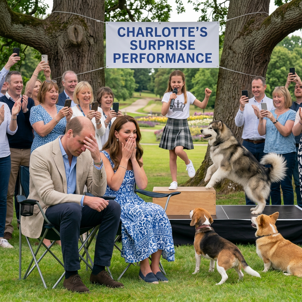 Tạo ảnh công nương Kate để 2 tay ôm miệng cười và Hoàng Tử William ngồi để tay lên trán, cúi mặt nghe công chúa Chartlotte hát và nhảy ngoài công viên. Thay đổi trang phục cho William và Chartlotte khác trong hình. Thêm một con chó alaska nhảy lên bên cạnh công chúa Chartlotte. Xung quanh mọi người vừa cười và dùng điện thoại chụp hình. Thay đổi không gian khác trong hình.