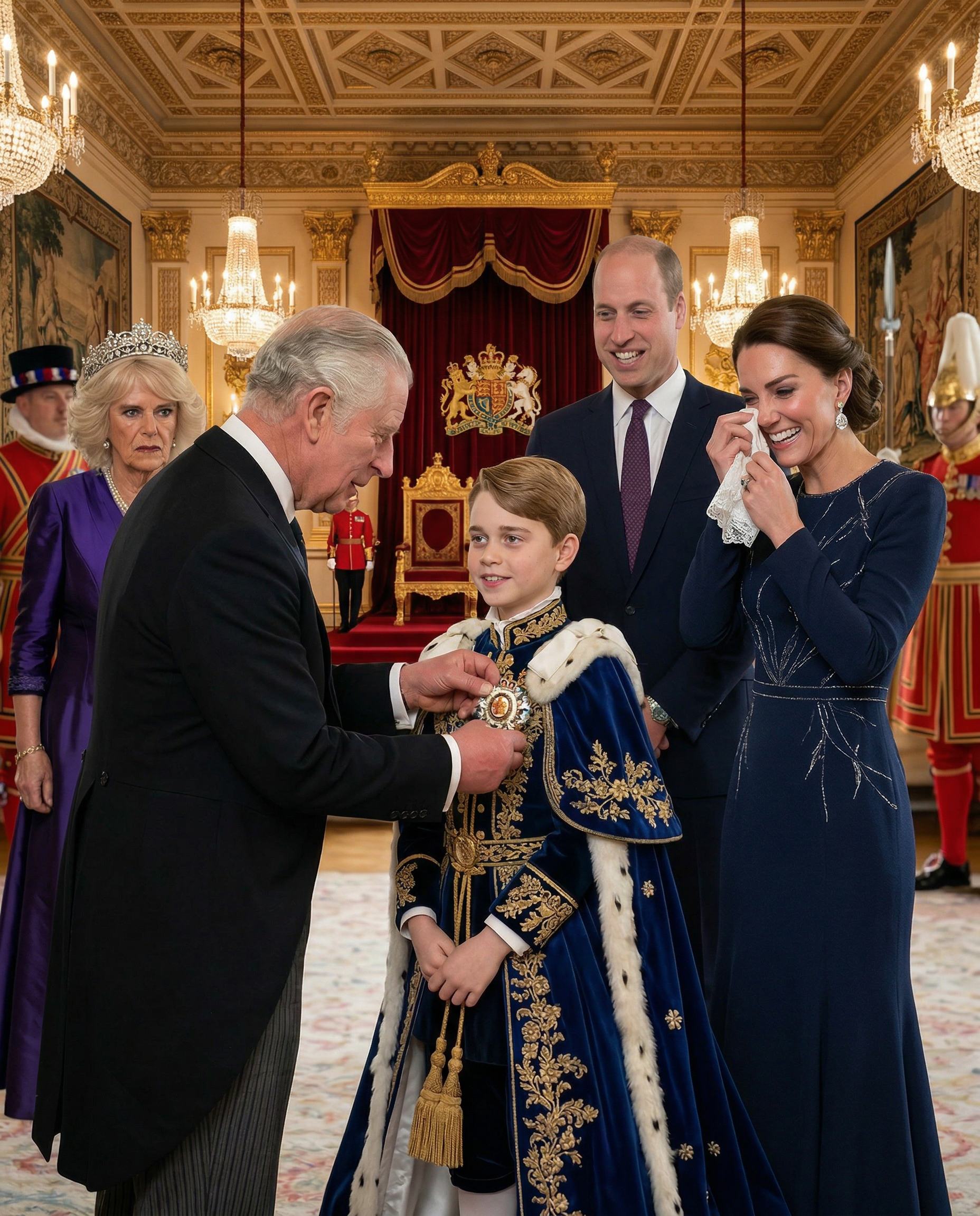 Thay đổi người nhận huân chương của vua Charles là hoàng tử lớn của vợ chồng công nương Kate. Thay đổi trang phục thành trang phục hoàng gia. Thay đổi khung cảnh khác trong cung điện. Thêm bà Camilla tức giận. Vẻ mặt vui sướng hạnh phúc của công nương Kate.