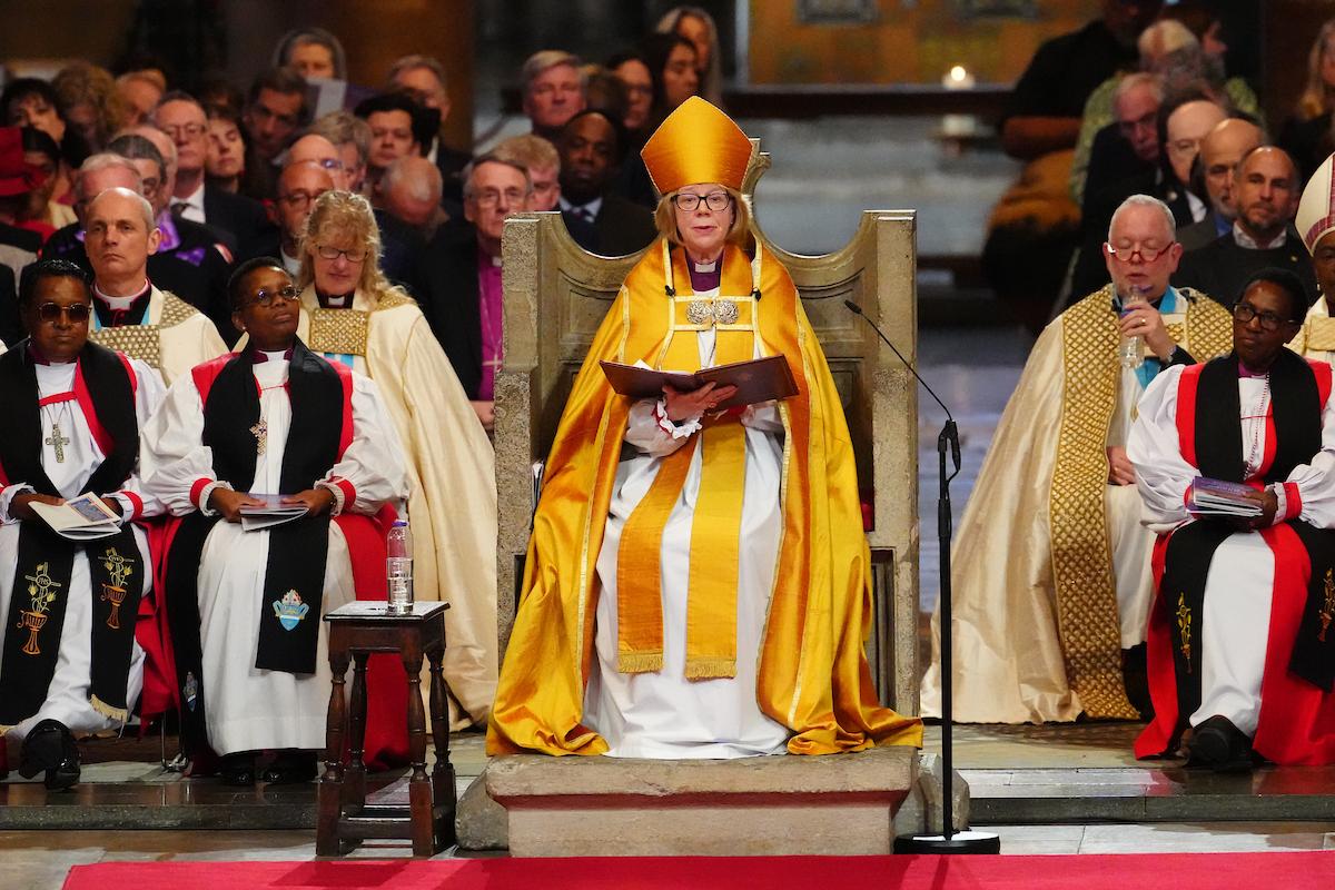 Archbishop Sarah delivering a sermon at her Installation sitting on the seat of St Augustine.