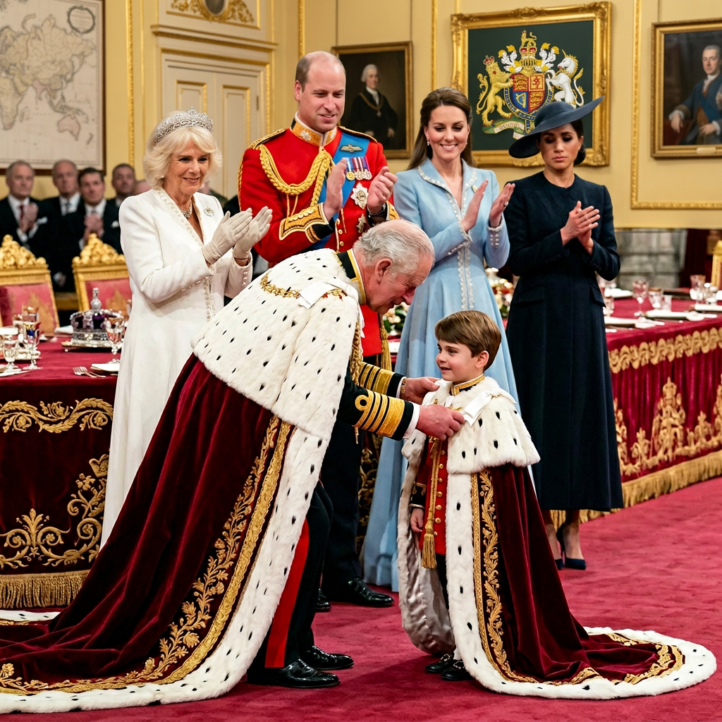 Thay đổi hoàng tử Louis được tặng long bào của vua Charlet. Công nương Kate, Hoàng tử William, bà Camilla ngồi vỗ tay cười. Công nương Meghan với vẻ mặt không hài lòng. Không gian trước bàn hội nghị. Tất cả mọi người đều mặc trang phục hoàng gia.