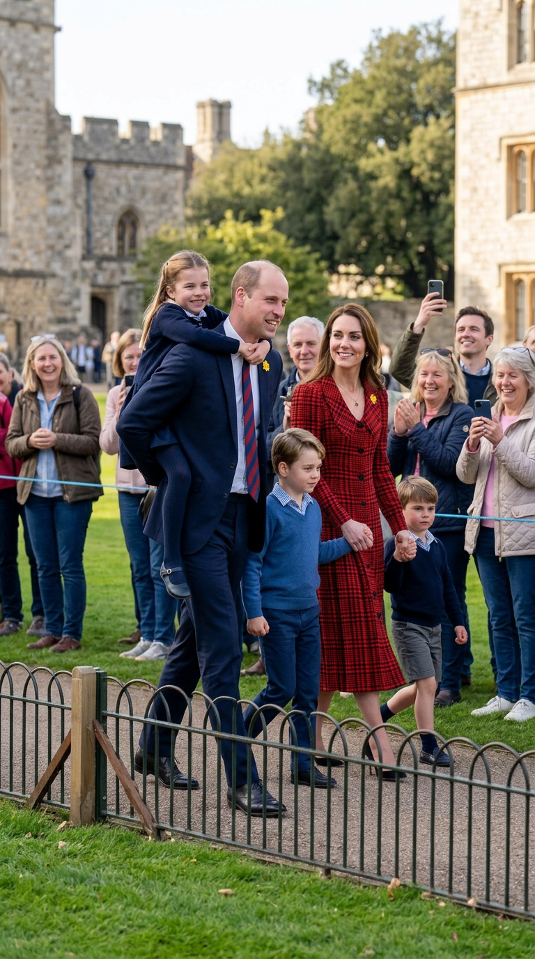 Hoàng tử William cõng công chúa Charlotte. Công nương Kate nắm tay 2 hoàng tử George và Louis đi bộ. Người dân xung quanh đứng trên thảm cỏ có rào ngăn trầm trồ thán phục khi gia đình hoàng tử Wiilam đi qua. Tỉ lệ ảnh 1:1.