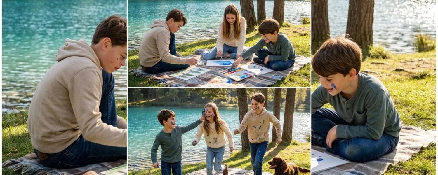 On the shore of the clear blue lake – Three Siblings Find Joy in Nature’s Canvas