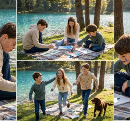 On the shore of the clear blue lake – Three Siblings Find Joy in Nature’s Canvas On the shore of the clear blue lake – Three Siblings Find Joy in Nature’s Canvas