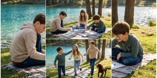 On the shore of the clear blue lake – Three Siblings Find Joy in Nature’s Canvas