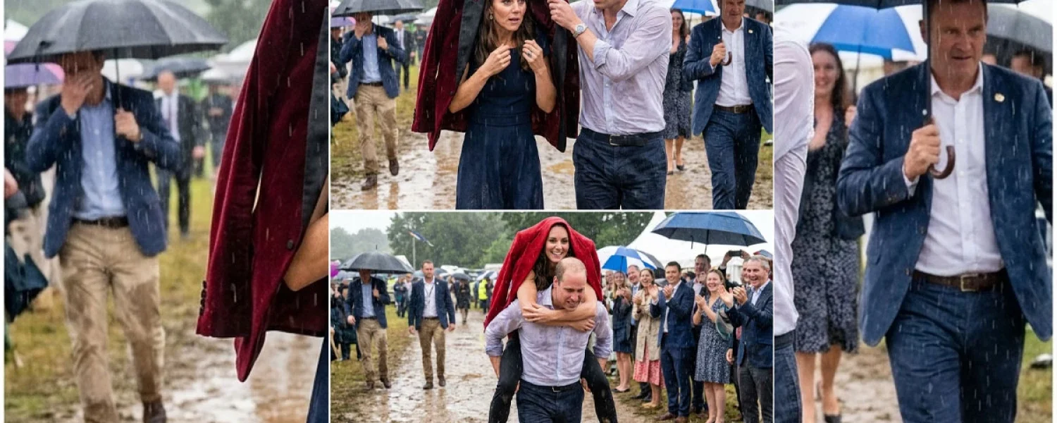 A sudden downpour hit as William and Catherine were leaving the outdoor event area. A sudden downpour hit as William and Catherine were leaving the outdoor event area.