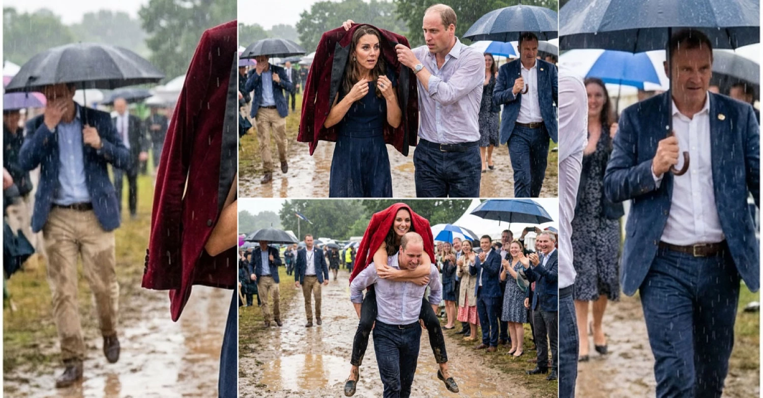 A sudden downpour hit as William and Catherine were leaving the outdoor event area. A sudden downpour hit as William and Catherine were leaving the outdoor event area.