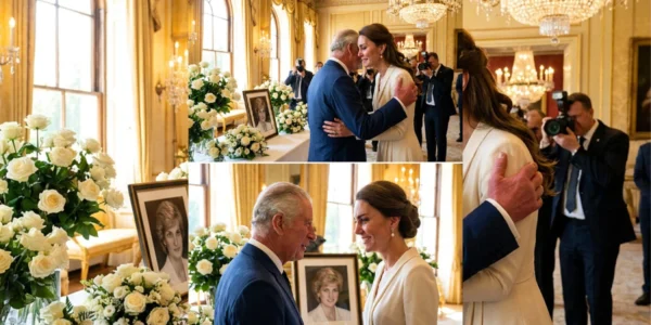 Inside a luxurious room adorned with white roses and sparkling crystal chandeliers Inside a luxurious room adorned with white roses and sparkling crystal chandeliers