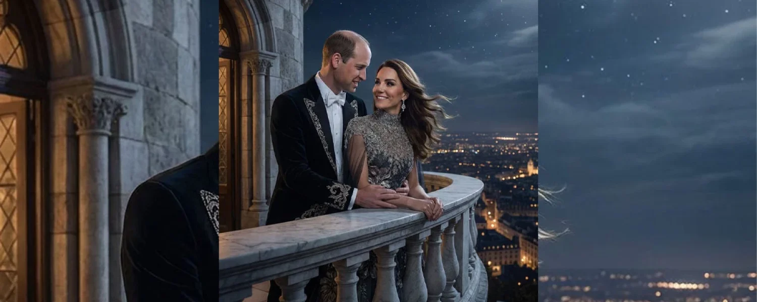 Prince William and Princess Catherine stood on the balcony of an ancient castle at night