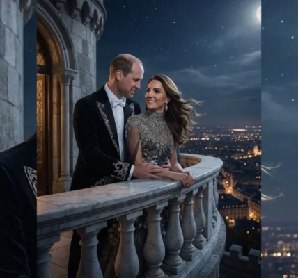 Prince William and Princess Catherine stood on the balcony of an ancient castle at night Prince William and Princess Catherine stood on the balcony of an ancient castle at night