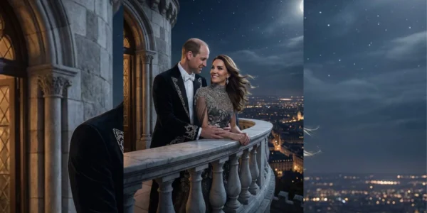 Prince William and Princess Catherine stood on the balcony of an ancient castle at night Prince William and Princess Catherine stood on the balcony of an ancient castle at night
