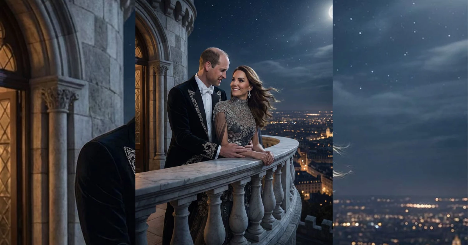 Prince William and Princess Catherine stood on the balcony of an ancient castle at night Prince William and Princess Catherine stood on the balcony of an ancient castle at night